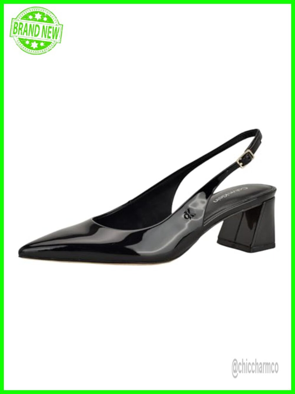 Faux Patent Leather Block Heel Pointed Toe Pump Buckle Evening Shoe